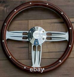 14 Inch Polished and Wood Steering Wheel with Billet Horn 6 Hole C10 Camaro