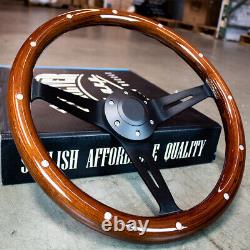 14 Matte Black Steering Wheel Dark Stained Wood Grip Real Rivets Factory 2nd