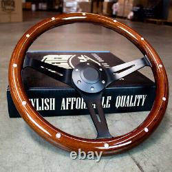 14 Matte Black Steering Wheel Dark Stained Wood Grip Real Rivets Factory 2nd
