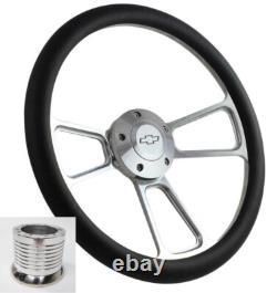 14 Polished Billet Steering Wheel (Black Wrap, Chevy Horn Button & Adapter A17)