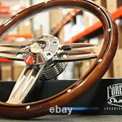 14 Polished Dark Wood Steering Wheel Bowtie Horn For 1974-94 Chevy Pickup Truck