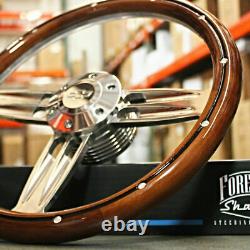 14 Polished Dark Wood Steering Wheel Bowtie Horn for 1995-2001 Chevy/GMC Trucks