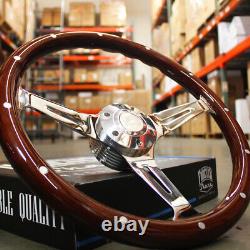14 Slotted Chrome Steering Wheel Dark Wood Riveted Grip, 6 Hole Chevy Ford GMC