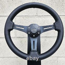 14 inch (350mm) Brushed Black Steering Wheel Licensed Chevy Horn -Black Leather