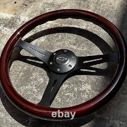 15 Black Steering Wheel With Wood Grip and Official Chevy Horn Button 6 Hole