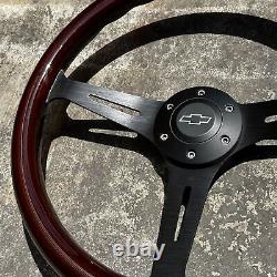 15 Black Steering Wheel With Wood Grip and Official Chevy Horn Button 6 Hole