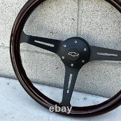 15 Black Steering Wheel With Wood Grip and Official Chevy Horn Button 6 Hole