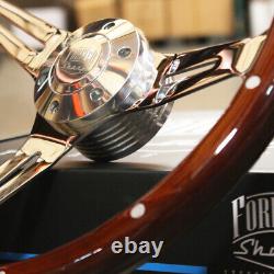 15 Chrome Spokes Steering Wheel with Dark Wood Grip and Billet Horn 6 Hole