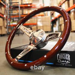 15 Chrome Spokes Steering Wheel with Dark Wood Grip and Billet Horn 6 Hole