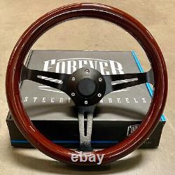 15 Inch (380mm) Black Steering Wheel Dark Wood Grip 6 Hole Billet Horn