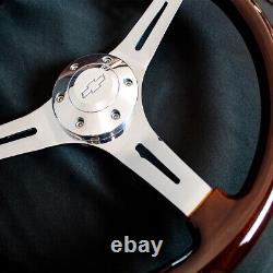 15 Inch Chrome Polished Steering Wheel Dark Wood 3-Spoke with Chevy Horn Button