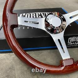 15 Inch Chrome Polished Steering Wheel Dark Wood 3-Spoke with Chrome Horn Button
