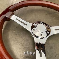 15 Inch Chrome Polished Steering Wheel Dark Wood 3-Spoke with Chrome Horn Button