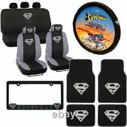 15pc Superman Silver Front Back Car Floor Mats Seat Covers Steering Wheel Cover