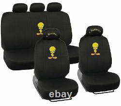 15pc Tweety Bird Logo Front Rear Floor Mats Seat Covers Steering Wheel Cover Set