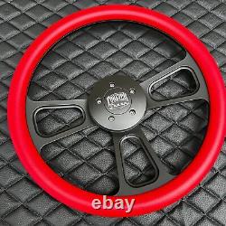 16 Inch Black Billet Semi Truck Steering Wheel with Red Vinyl Grip 5 Hole