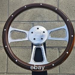 16 Polished Billet BigRig Steering Wheel with Mahogany Wrap and Aluminum Rivets