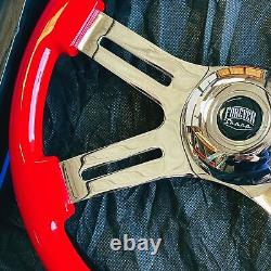 18 Big Rig Chrome Steering Wheel with Red Wood Grip and Traditional Horn Button