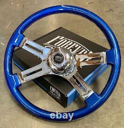 18 Blue Steering Wheel Chrome 4 Spoke Freightliner, Kenworth, Peterbilt, Volvo