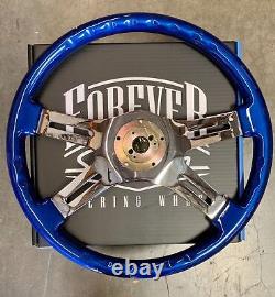 18 Blue Steering Wheel Chrome 4 Spoke Freightliner, Kenworth, Peterbilt, Volvo