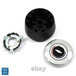 1964-66 Chevy Black Leather Black Anodized Steering Wheel Bowtie Center Cap Kit