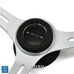 1967-1968 Buick Black Leather Brushed Silver Steering Wheel Buick Center Cap Kit