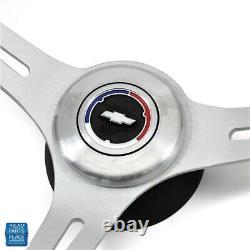 1967-1968 Chevy Black Wood & Brushed Silver Steering Wheel Bowtie Center Cap Kit