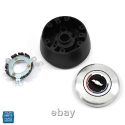 1967-1968 Chevy Black Wood & Brushed Silver Steering Wheel Bowtie Center Cap Kit