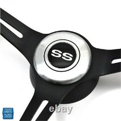 1969-1972 Chevy Black Leather & Black Anodized Steering Wheel SS Center Cap Kit