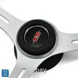 1969-1988 Olds Black Leather Brushed Silver Steering Wheel Rocket Center Cap Kit