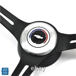 1969-72 Chevy Black Leather Black Anodized Steering Wheel Bowtie Center Cap Kit