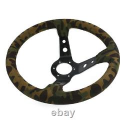 1PC 14 Racing Car Deep Dish Suede Green Camouflage Steering Wheel Hand-Stitched