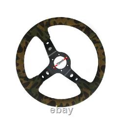 1PC 14 Racing Car Deep Dish Suede Green Camouflage Steering Wheel Hand-Stitched