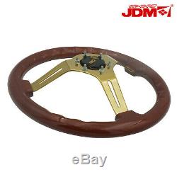 345mm Steel Center Gold Light Brown Wood Grain Grip Luxury Steering Wheel 6-Bolt