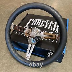 350mm Chrome Steering Wheel Real Wood Leather Grip (14) 6 Hole