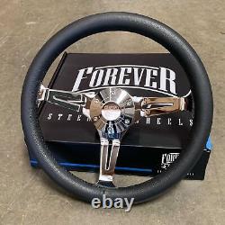 350mm Chrome Steering Wheel Real Wood Leather Grip (14) 6 Hole