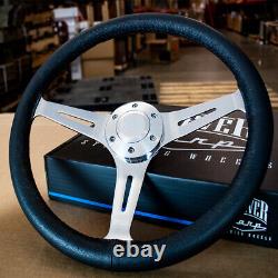 350mm Chrome Steering Wheel Real Wood Leather Grip (14) 6 Hole