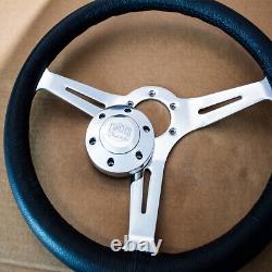 350mm Chrome Steering Wheel Real Wood Leather Grip (14) 6 Hole