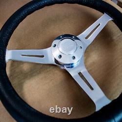 380mm Chrome Steering Wheel Real Wood Wrapped in leather Grip (15) 6 Hole