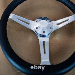 380mm Chrome Steering Wheel Real Wood Wrapped in leather Grip (15) 6 Hole