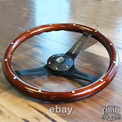 380mm Matte Black Steering Wheel Riveted Wood Grip (15) 6 Hole Chevy GMC C10