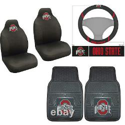 5PC NCAA Ohio State Buckeyes Front Seat Covers Floor Mats & Steering Wheel Cover