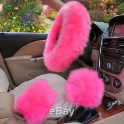5PCS Pink Wool Plush Car Covers For Front 2 Seats Steering wheel Knob Hand Brake