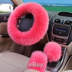 5Pcs Pink Wool Fur Car Seat Covers+Steering Wheel/Handbrake/Gear Shift Cover Kit