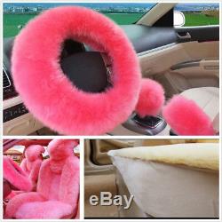 5pcs/set Fur Car Seat&Steering Wheel Cover Pink Wool Winter Essential Universal