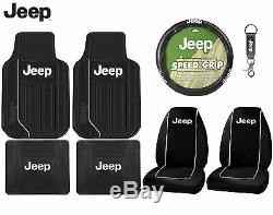 8 Pc Jeep Wrangler Interior Seat Covers F/R Floor Mats & Steering Wheel Cover