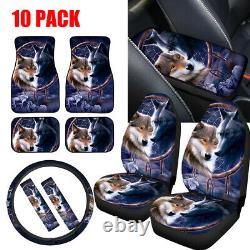 Animal Wolf Car Seat Covers Full Set with Floor Mats, Steering Wheel Covers 10PC