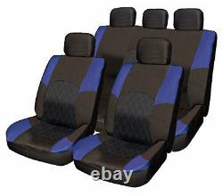 BLUE & BLACK Cloth Car Seat Cover Set Split Rear Steering Wheel to fit BMW