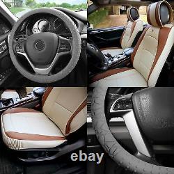 Beige Car Leatherette Seat Cushion Bucket Covers with Gray Steering Cover For Car