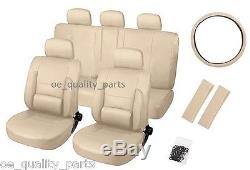 Beige Leather Look Car Seat Covers Set Steering Wheel Cover Seat Belt Pads Sport
